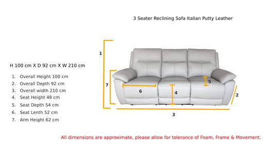 Rimini 3-Seater Leather Recliner Sofa - Putty Colour