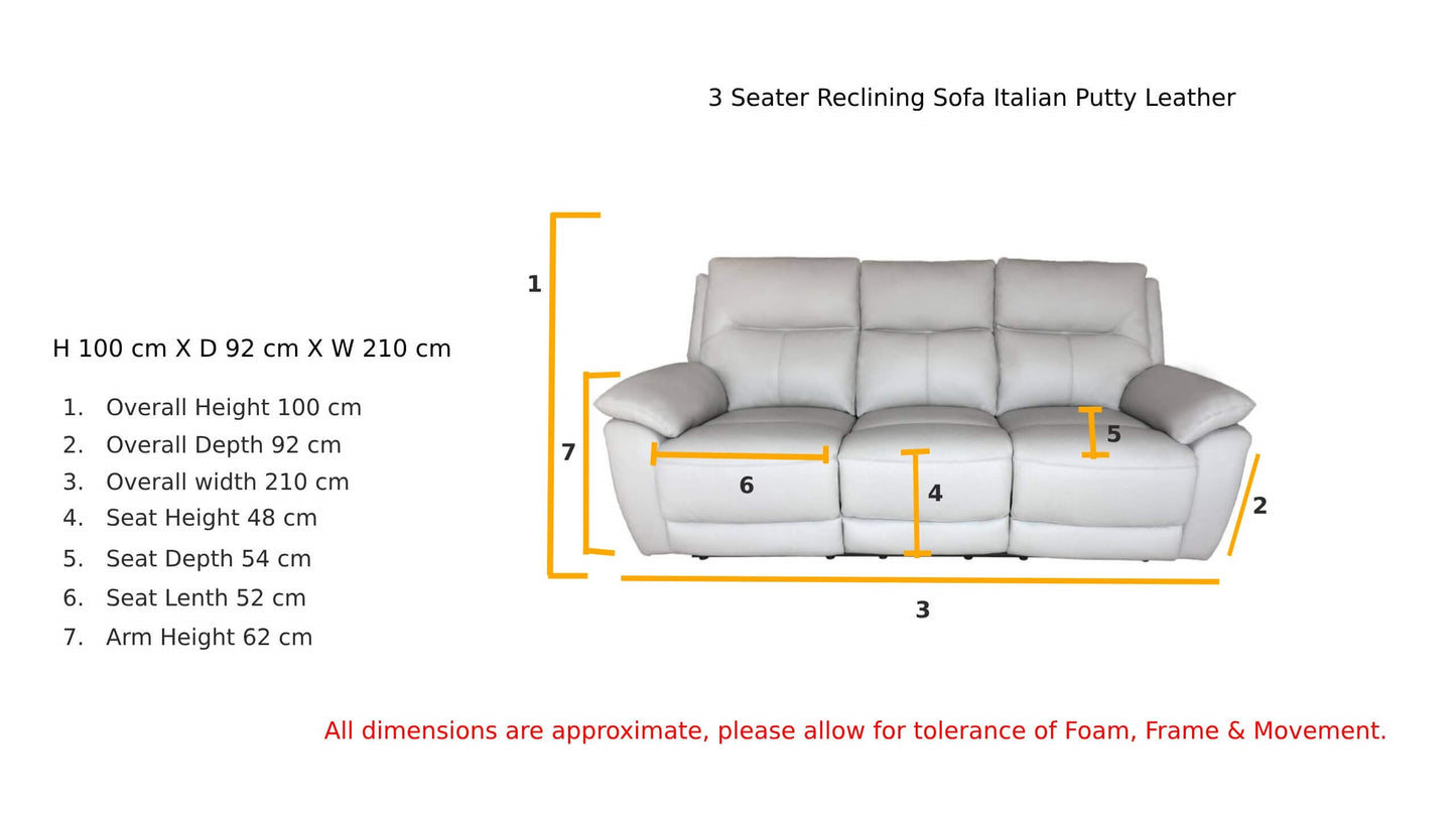 Rimini Leather Recliner Sofa Set - 3 Seater, 2 Seater - Putty