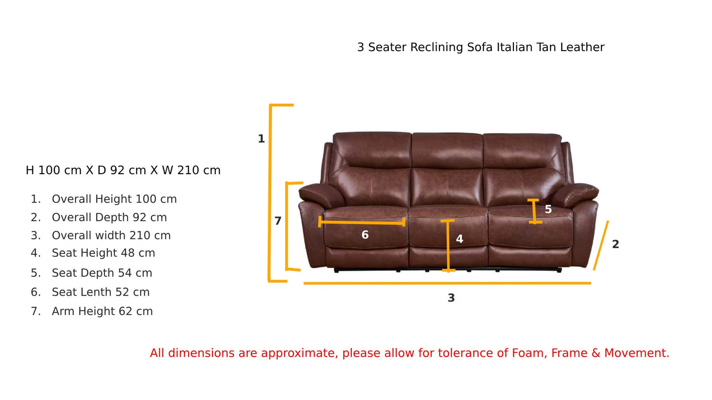 Rimini Leather Recliner Sofa Set - 3 Seater, 2 Seater, Armchair - Tan