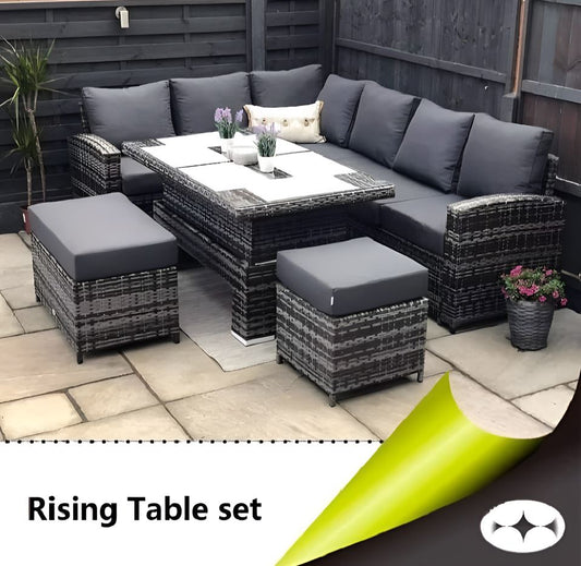 Harmony Corner Sofa with Rising Table and Stools in Grey Rattan