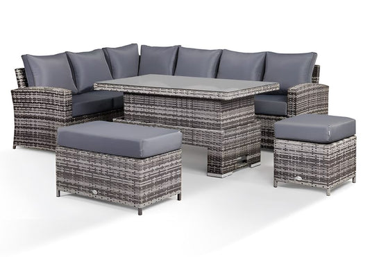 Harmony Corner Sofa with Rising Table and Stools in Grey Rattan