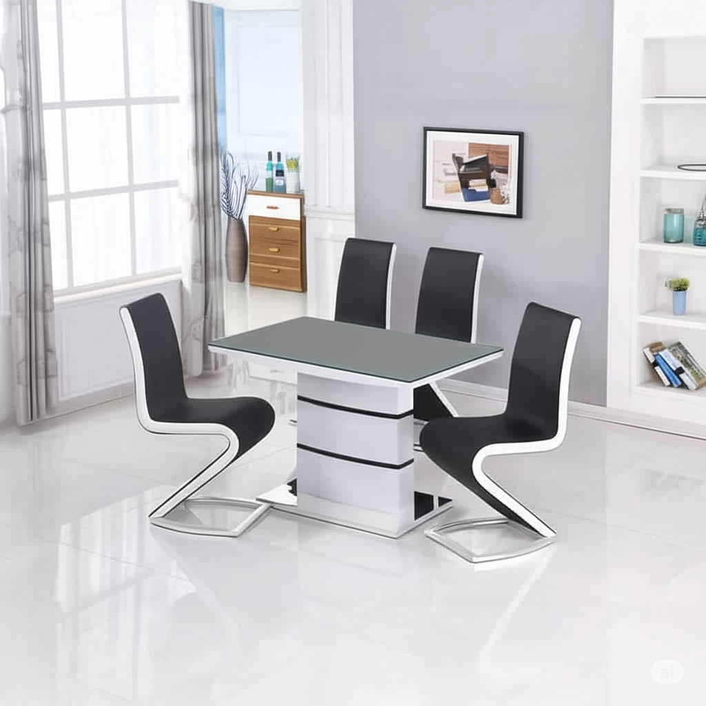 Aldridge Grey Glass Dining Table with Z-Shaped Faux Leather Chairs