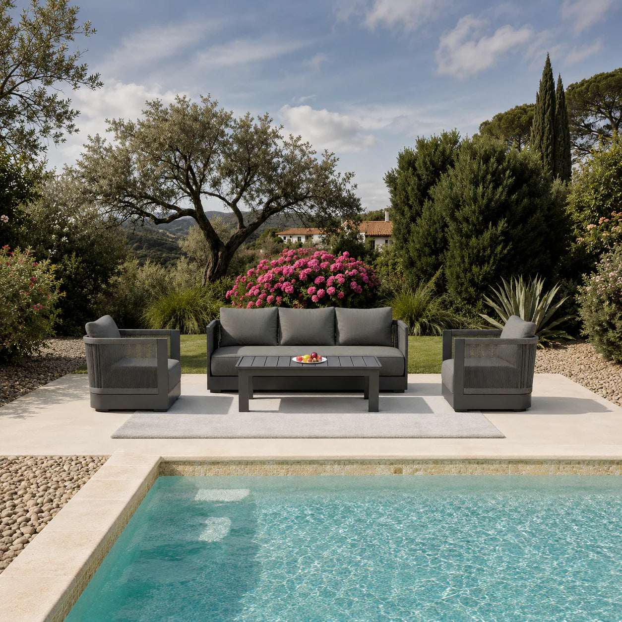 5-Seater Luxury Rope Garden Sofa Set with Coffee Table – Charcoal Grey