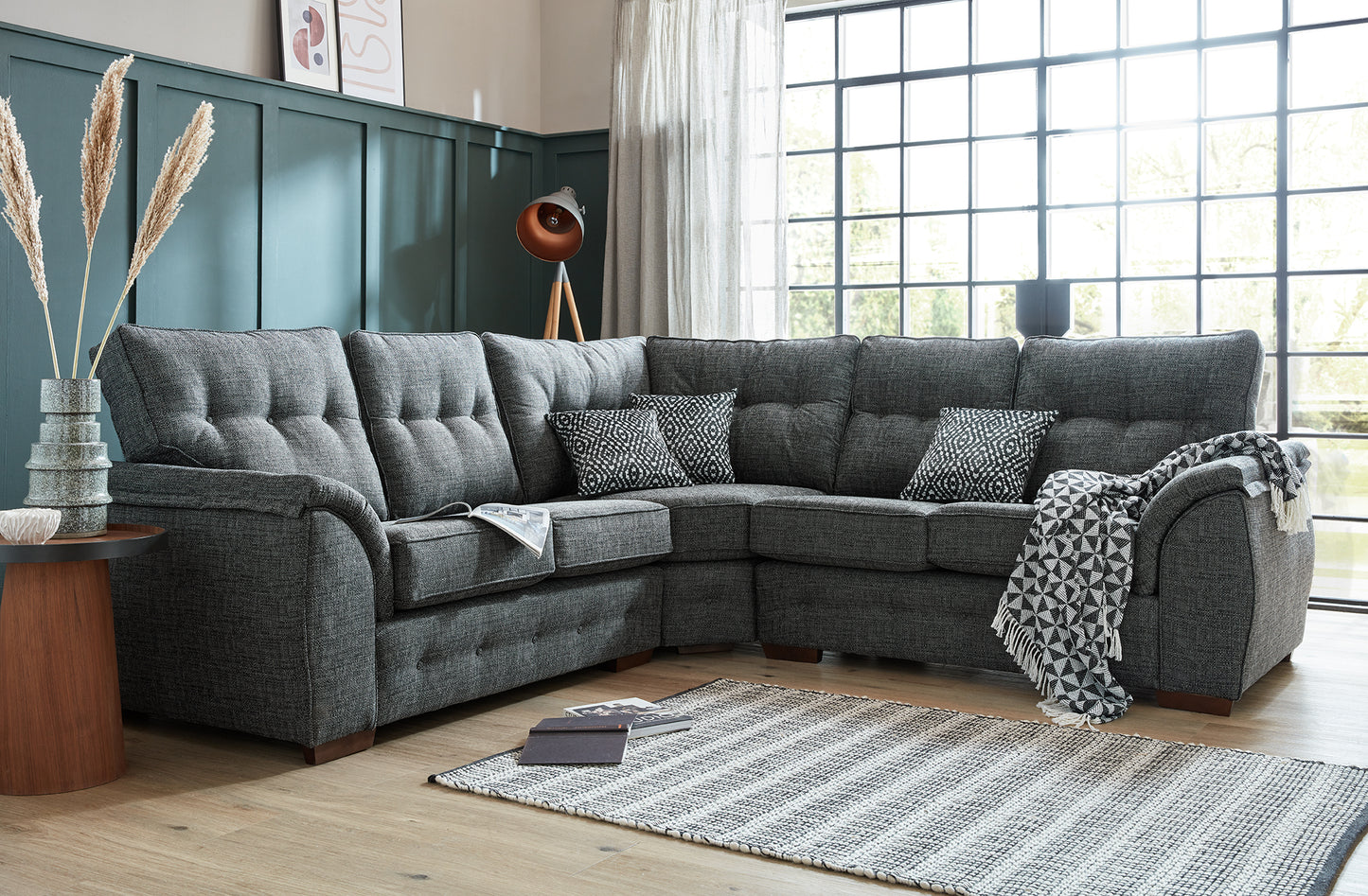 Grey Tufted Corner Sofa | 2 Corner & 2 Main Sofa | Comfortable L-Shaped Sectional