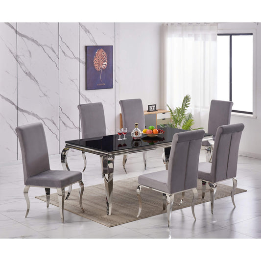 Atlanta Black Glass Dining Set with Grey Velvet Chairs (5 or 7-Piece)