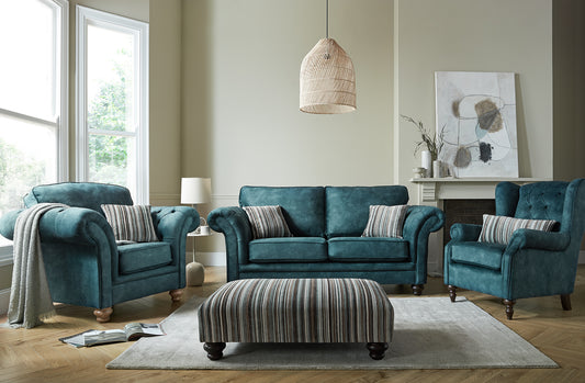 Buckingham Sofa & Wingback Chair Set with Striped Ottoman 3+1+Wing Chair