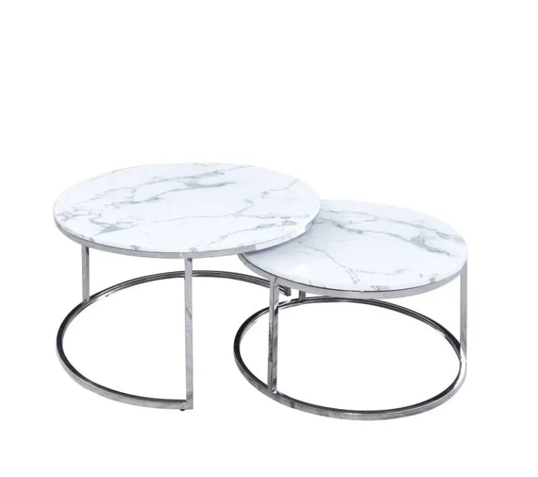 Lara White Marble Nest of Tables with Chrome Silver Legs
