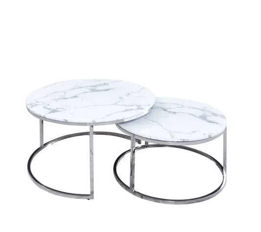 Lara White Marble Nest of Tables with Chrome Silver Legs