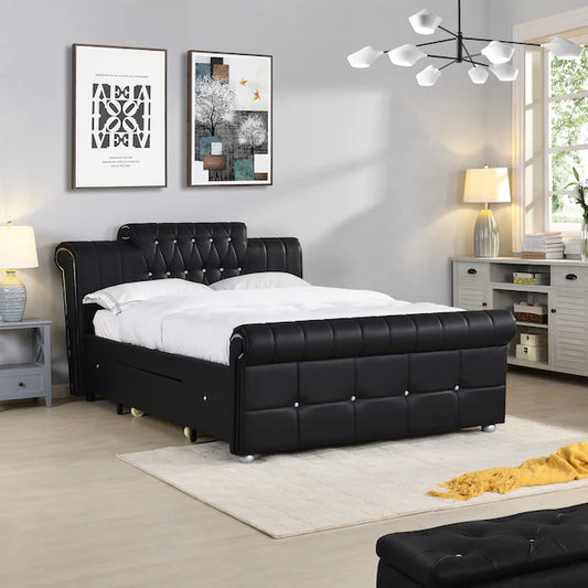 TIVONA Chesterfield Faux Leather Storage Bed
