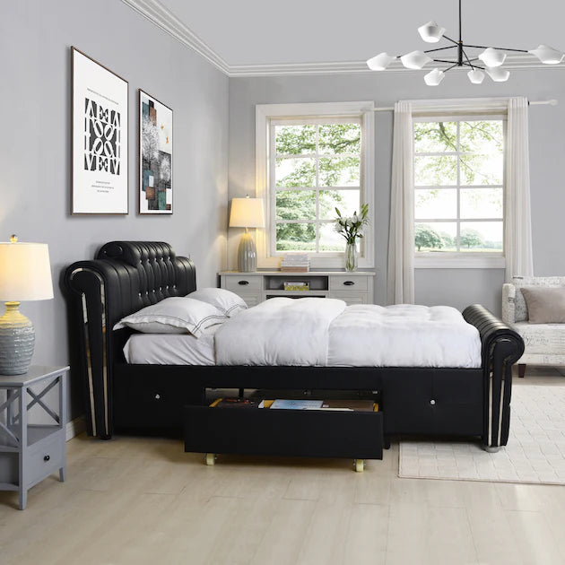 TIVONA Chesterfield Faux Leather Storage Bed