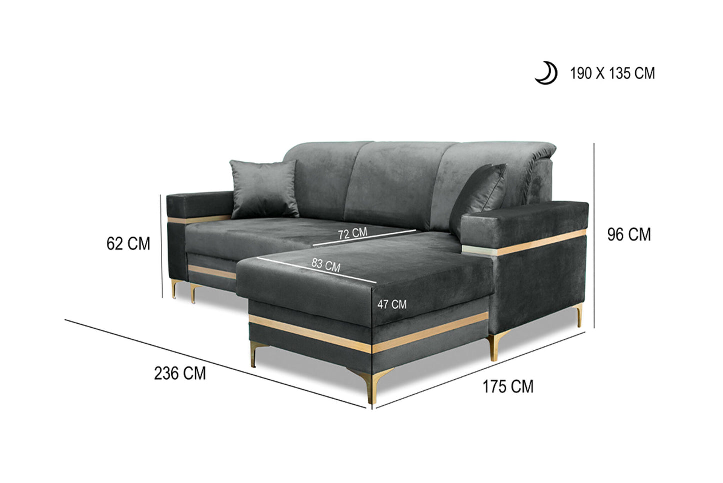 Florence Grey Gold Corner Sofa Bed - Black/Gold, Green&Gold, Grey&Gold, Blue/gold