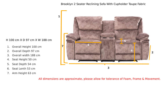 Milano 2-Seater Recliner Sofa with Console - Taupe Fabric