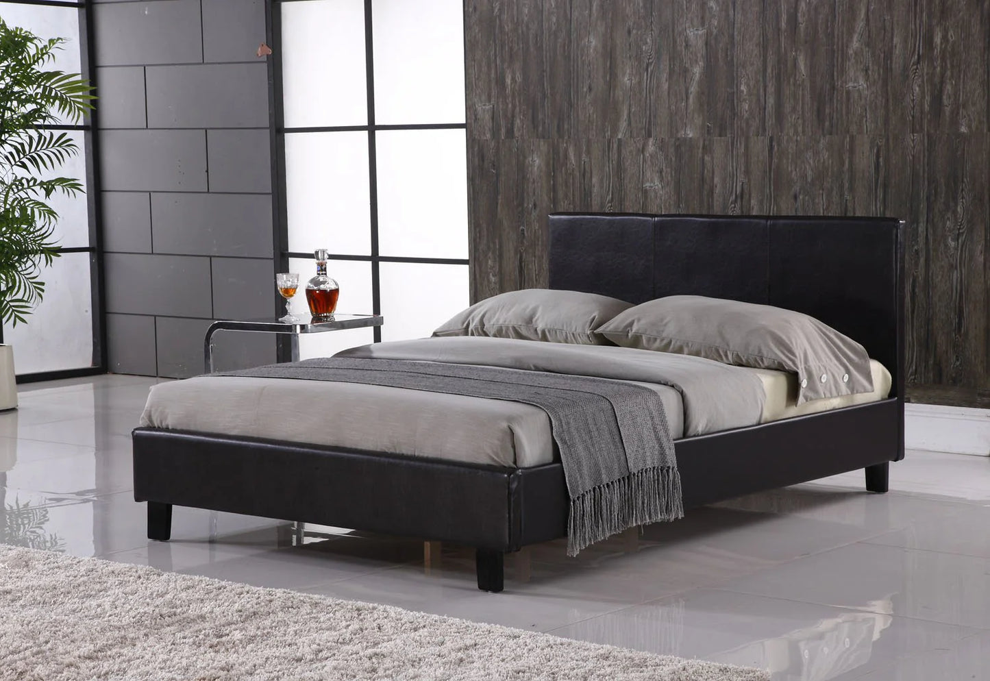 Faux Leather Low Base Bed with High Headboard