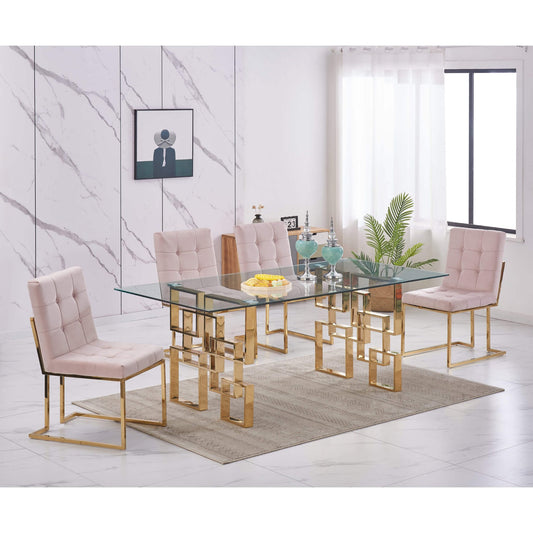Spectra Clear Glass & Gold Dining Set with Pink Velvet Chairs (5 or 7-Piece)