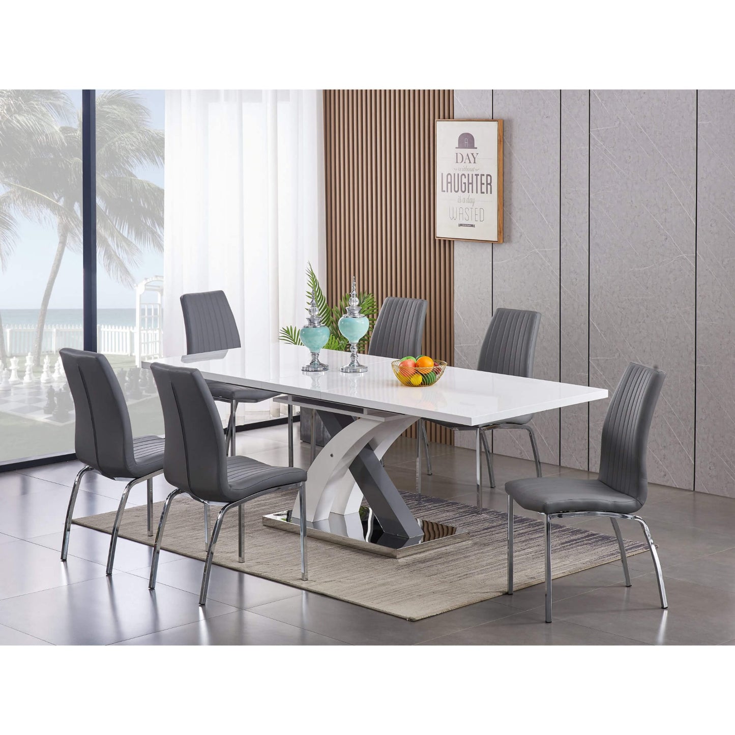 Zurich Extending Dining Set: High Gloss White & Grey with Grey PU Chairs (5 or 7-Piece)