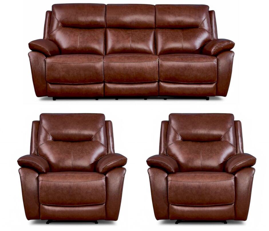 Rimini Leather Recliner Sofa Set - 3 Seater, 2 Armchairs - Tan
