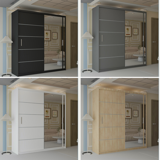 Vision New Sliding Mirror Door Wardrobe - Black, Gray, White, Oak